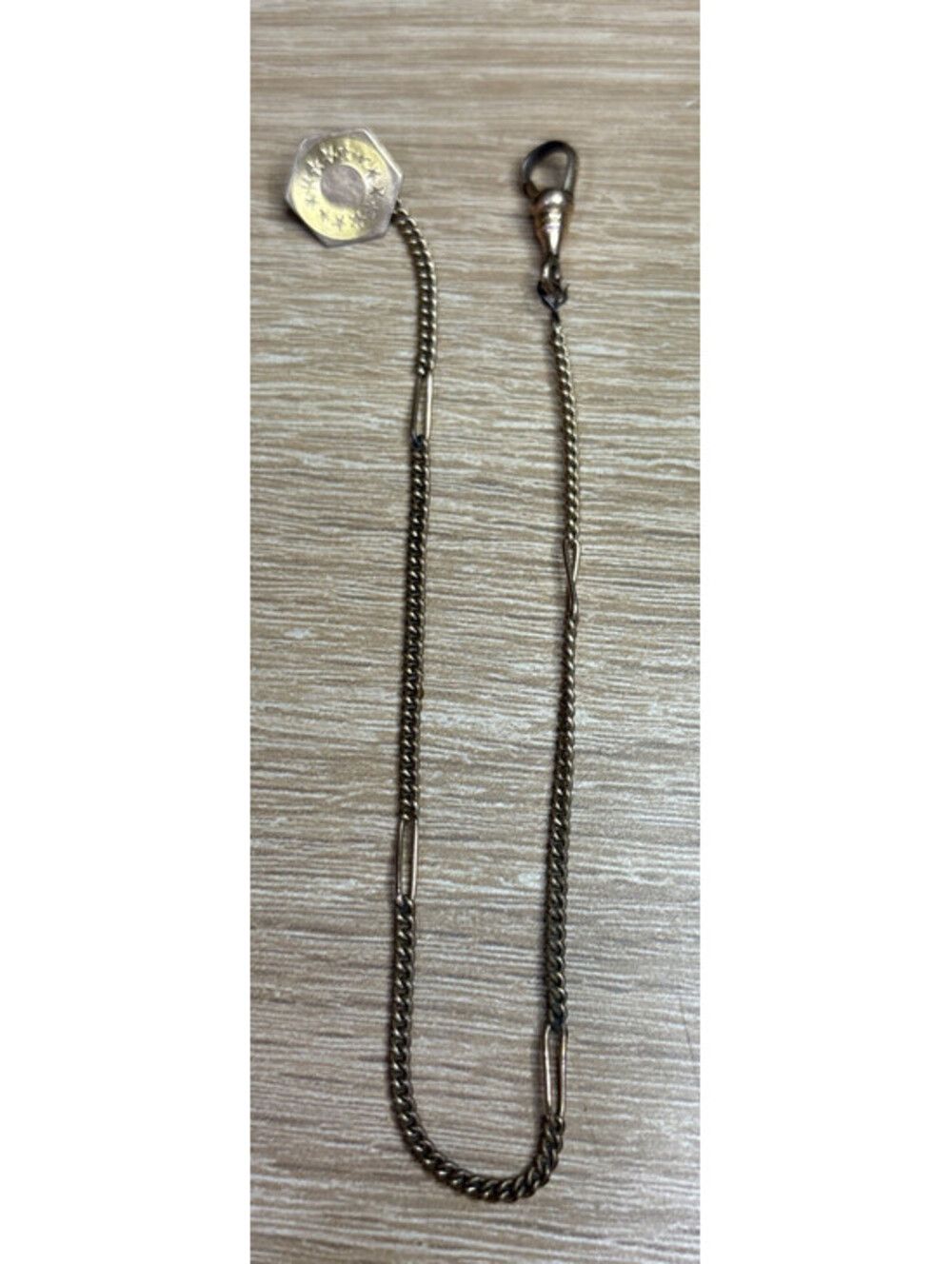 VINTAGE SIGNED GOLD TONE POCKET WATCH CHAIN FOB Approx 9" Le Stage Manuf LMFG Co